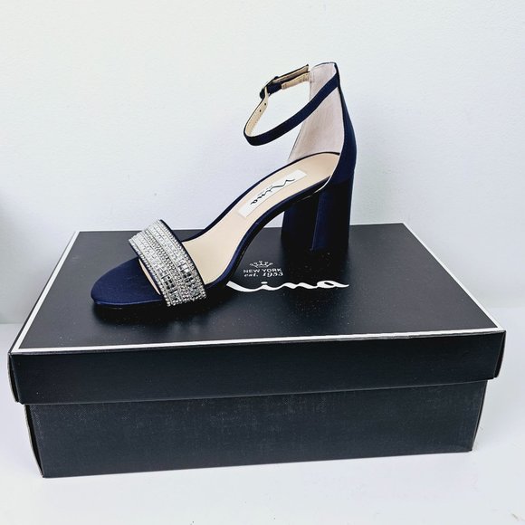 Nina, Elenora Low Strap Heels, New Navy Luster, Satin, Rhinestones, 5M - Picture 2 of 8